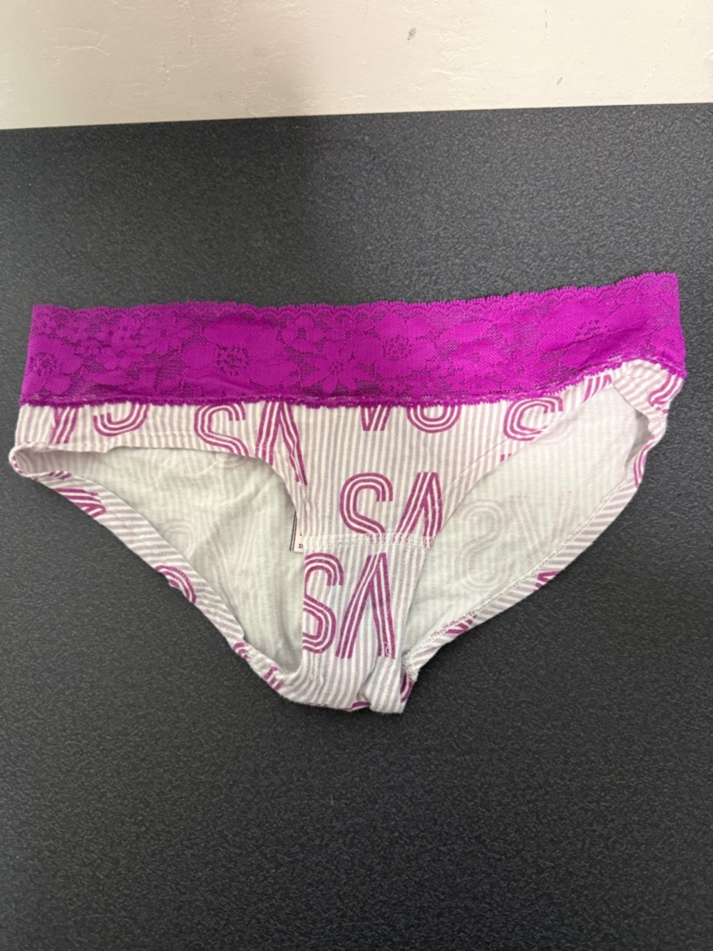 Victoria's Secret White & Fuchsia Lace Logo Bikini Panty